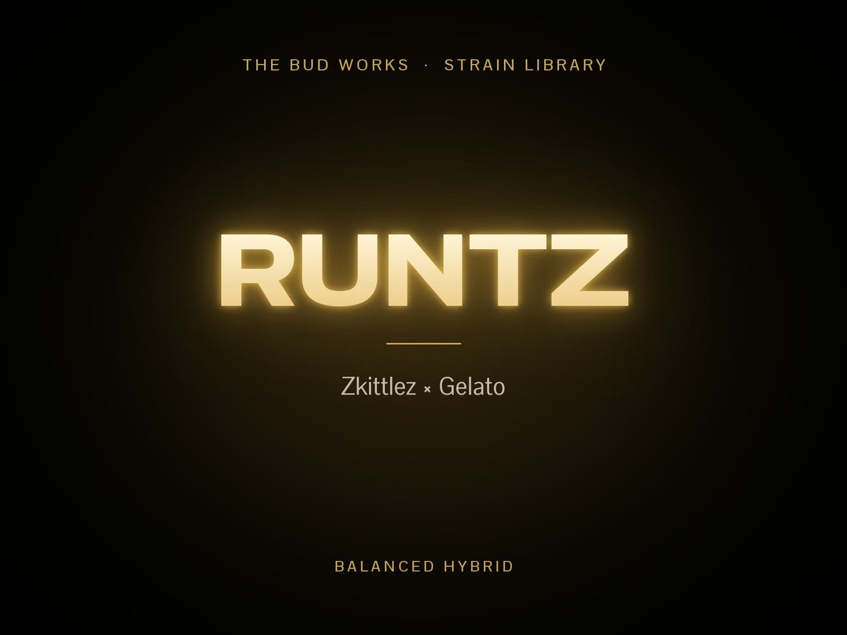 Runtz strain card: the name in glowing gold lettering on black, with its lineage, Zkittlez × Gelato.