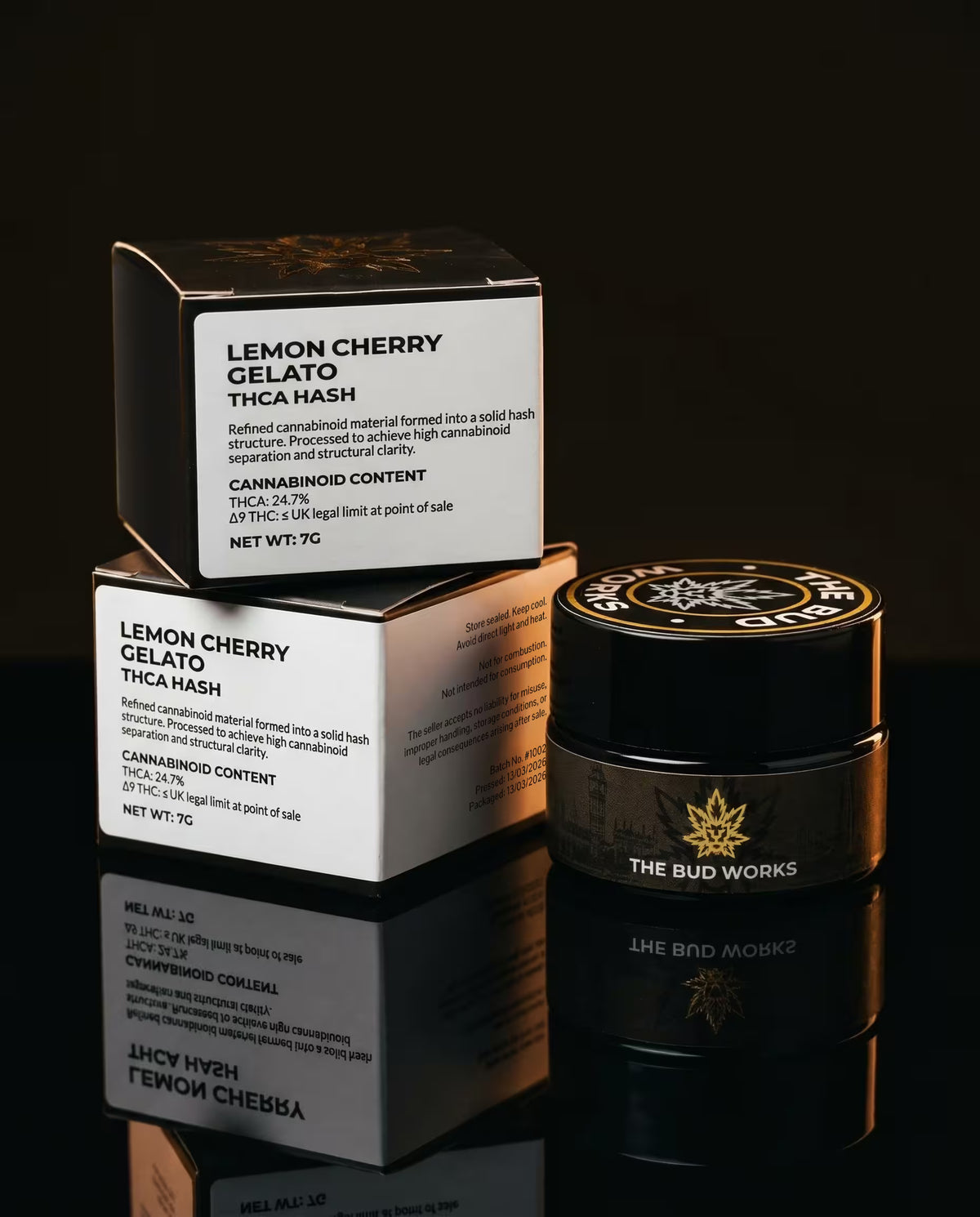 Jar of Lemon Cherry Gelato Thca Hash with packaging on a dark background