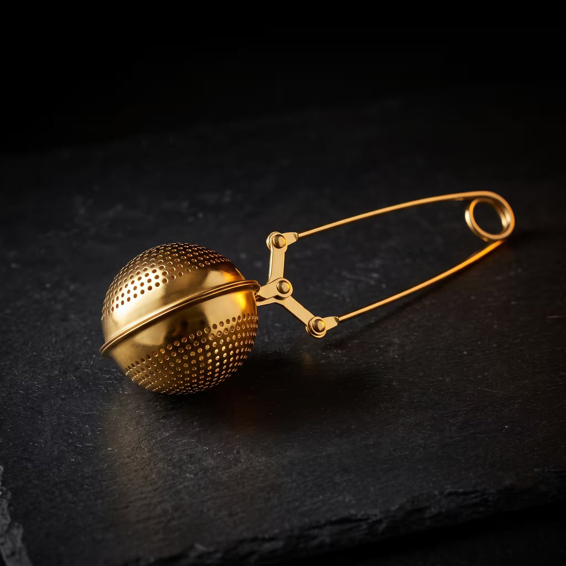 A gold-finished metal tea infuser ball with a safety pin clasp, resting on a dark textured slate surface.